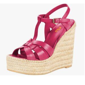 FSJ Fushcia Open Toe Espadrille Platform Ankle Strap Wedge Woven Cutout Sandals